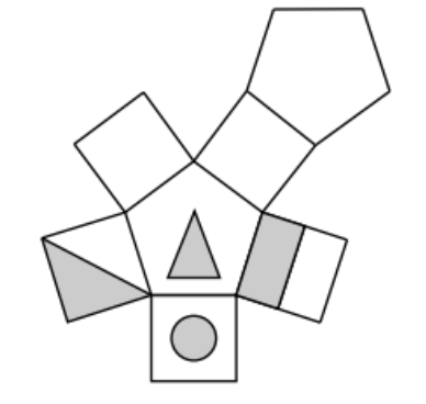 Geometrische Formen in einer abstrakten Anordnung mit mehreren Fünf- und Vierecken.